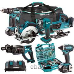 Makita 18V 6 Piece Tool Kit 3 x 5.0Ah Batteries Charger with 101 Piece Drill Set