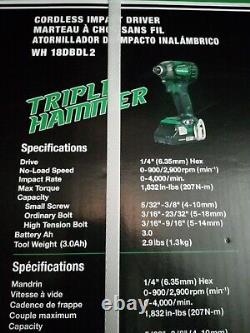 Metabo HPT 18V TRIPLE HAMMER IMPACT + Hammer Drill + 2 Battery(3AH) Charger Kit