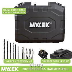 Mylek Cordless Drill 20V Brushless Motor Hammer Combi Li-Ion Battery