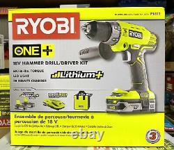 Ryobi P1812 18V Hammer Drill Driver Kit P214 + 2 Batteries + Rapid Charger NEW
